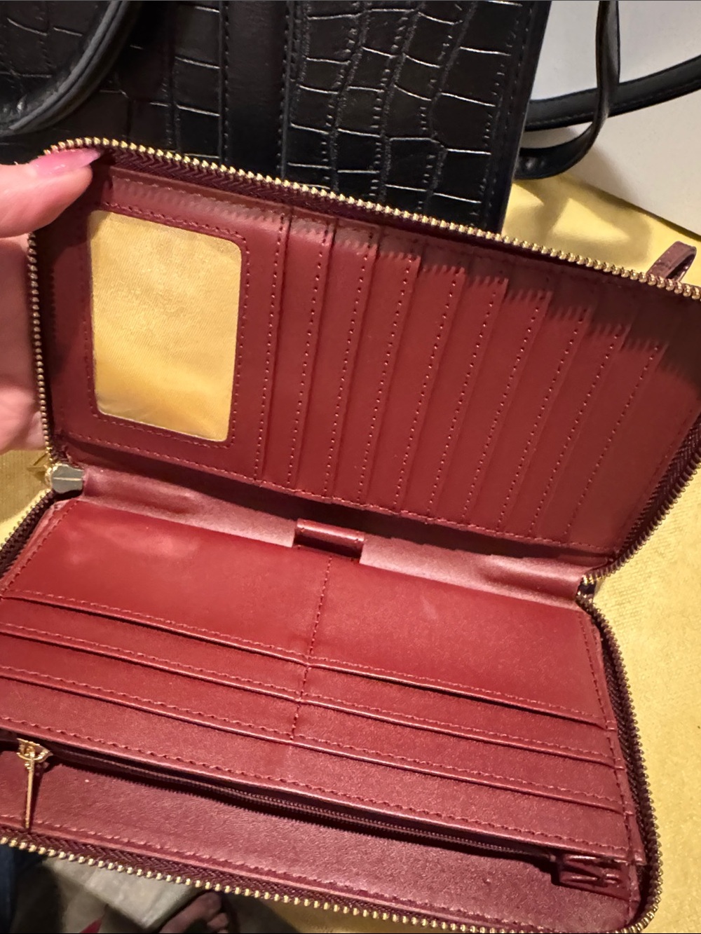 Croc-Embossed Black and Burgundy Satchel with Gold Accent Matching Billfold - Picture 8 of 14